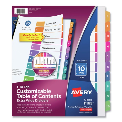 Back to School Sale | Avery 11165 Ready Index 11 in. x 9.25 in. 10-Tab 1 to 10 Extra Wide Tabs Customizable TOC Dividers - Multicolor Tabs/White (1-Set) image number 0