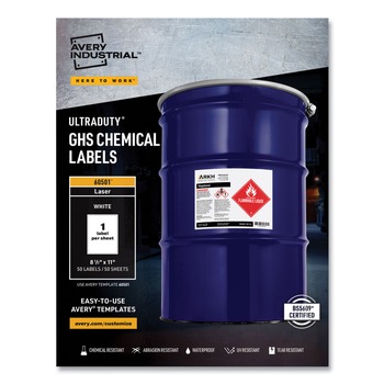 Avery 60501 UltraDuty 8.5 in. x 11 in. GHS Chemical Waterproof and UV Resistant Labels - White (50/Box)
