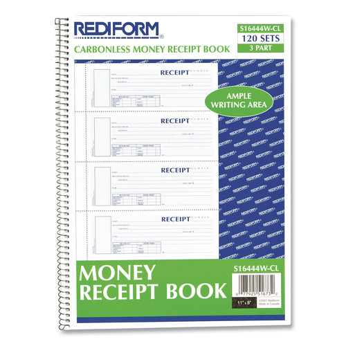 Retail Store Supplies | Rediform S16444WCL 7 in. x 2.75 in. Three-Part Carbonless Spiralbound Unnumbered Money Receipt Book image number 0
