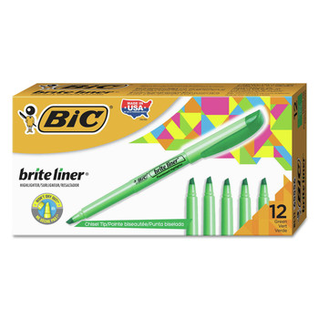 HIGHLIGHTERS | BIC BL11 GRN Brite Liner Chisel Tip Highlighter - Fluorescent Green Ink, Green/Black Barrel (1-Dozen)