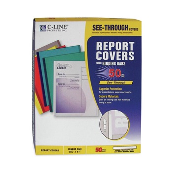 C-Line 32457 0.13 in. Capacity 8.5 x 11 Vinyl Report Covers with Binding Bars - Clear (50/Box)