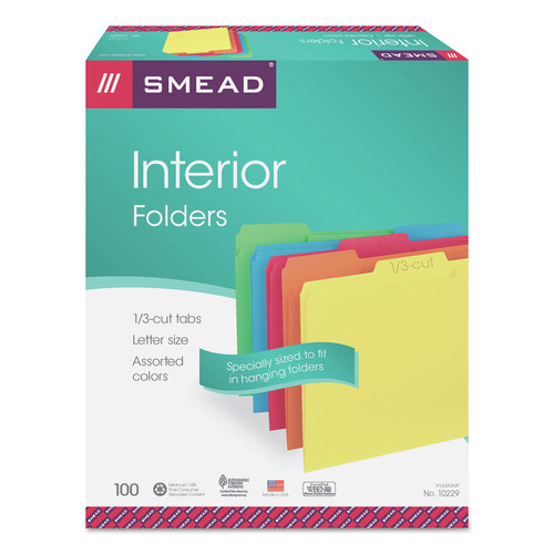 File Folders | Smead 10229 Interior File Folders with 1/3-Cut Tabs - Letter, Assorted (100/Box) image number 0