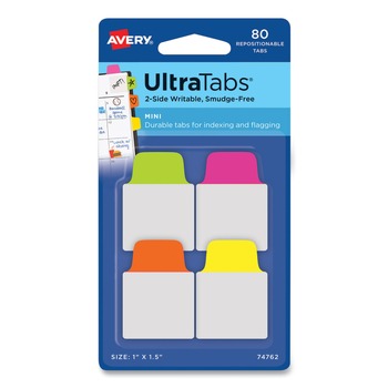 Avery 74762 1 in. x 1.5 in. 1/5-Cut Ultra Tabs Repositionable Tabs - Assorted Neon Colors (80/Pack)