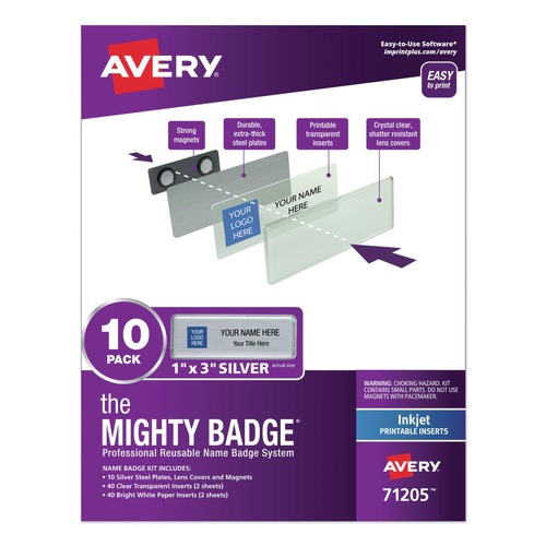 Label & Badge Holders | Avery 71205 The Mighty Badge 3 in. x 1 in. Horizontal Inkjet Name Badge Holder Kit - Silver (10/Pack) image number 0