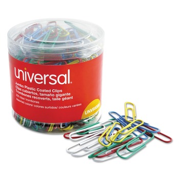 Universal UNV95000 Plastic-Coated Jumbo Paper Clips with One-Compartment Dispenser Tub - Assorted Colors (250/Pack)