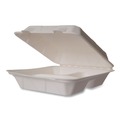 Food Trays, Containers, and Lids | Vegware WHBRG-9-3 HW 9 in. x 18 in. x 2 in. Molded Fiber Compostable Sugarcane 3-Compartment Clamshell Containers - White (200/Carton) image number 0