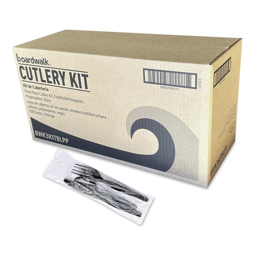 Cutlery | Boardwalk BWK3KITBLPP 3-Piece Mediumweight Plastic Fork/Knife/Spoon Polypropylene Cutlery Kit - Black (250/Carton) image number 0