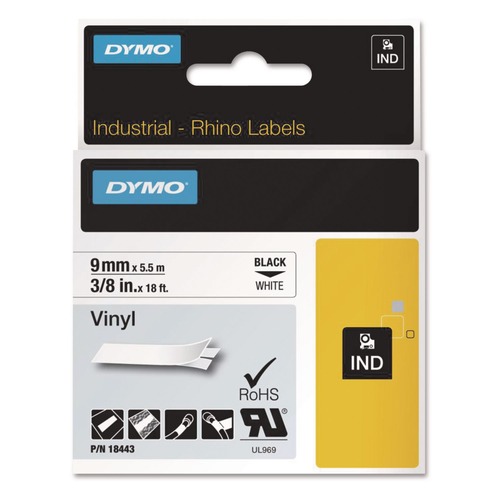 Back to School Sale | DYMO 18443 0.37 in. x 18 ft. Rhino Permanent Vinyl Industrial Label Tape - White/Black Print image number 0