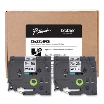 TAPES AND ADHESIVES | Brother P-Touch TZE2314PKB 0.5 in. TZe Series Standard Adhesive Laminated Labeling Tape - Black on White (4/Pack)