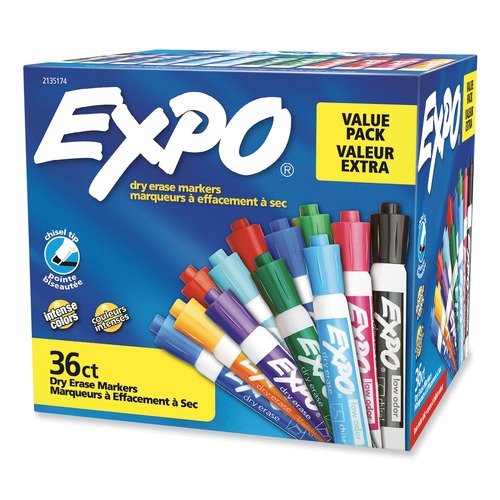 Washable Markers | EXPO 2135174A Broad Chisel Tip Low Odor Dry Erase Vibrant Color Markers - Assorted Colors (36/Pack) image number 0