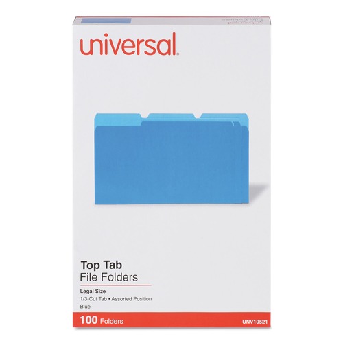 File Folders | Universal UNV10521 1/3 Cut Tab Legal Size Deluxe Colored Top Tab File Folders - Blue/Light Blue (100/Box) image number 0