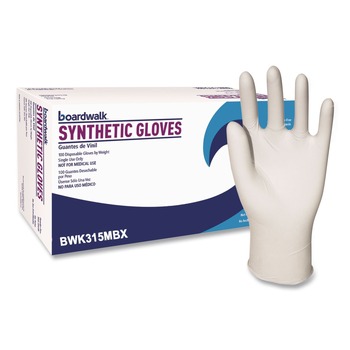 CLEANING GLOVES | Boardwalk BWK315MBX 4 mil 9.5 in. Long Powder-Free Synthetic Vinyl Gloves - Medium, Beige (100/Box)