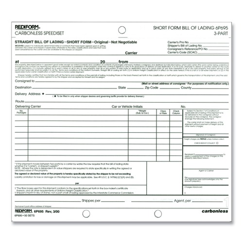 Notebooks & Pads | Rediform 6P695 7 in. x 8.5 in. Short Form Three-Part Carbonless Speediset Bill of Lading (50/Pack) image number 0