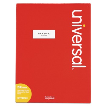 Universal UNV80120 1 in. x 2.63 in. Inkjet/Laser Printers Labels - White (7500/Box)