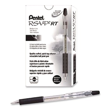 Pentel BK93-A 1 mm R.S.V.P. RT Ballpoint Pen - Medium/Black Ink/Clear Barrel (1-Dozen)