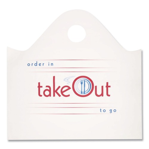 Food Service | AmerCareRoyal RPWB1919 19 in. x 9.5 in. x 19 in. Take-Out Labeling Cut-Out Handles Wave Top To-Go Bags - White/Blue/Red (500/Carton) image number 0