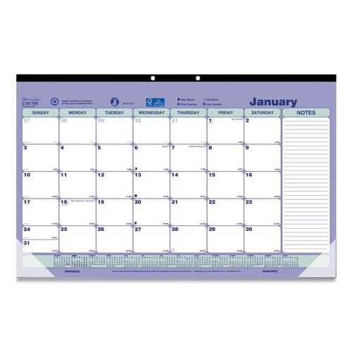 Bulletin Boards | Brownline C181700 17.75 in. x 10.88 in. 12-Month (Jan to Dec) 2025 Monthly Desk Pad Calendar - White/Blue/Green Sheets Black Binding/Clear Corners image number 0
