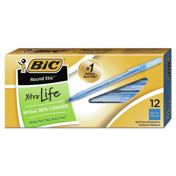  | BIC GSM11 BLU Round Stic Xtra Life Medium 1 mm. Stick Ballpoint Pen - Blue Ink/Translucent Blue Barrel (1-Dozen)