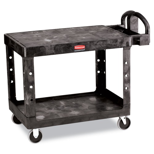 Just Launched | Rubbermaid Commercial FG452500BLA 25.25 in. x 44 in. x 38.13 in. 500 lbs. Capacity 2 Flat Shelves Plastic Utility Cart - Black image number 0
