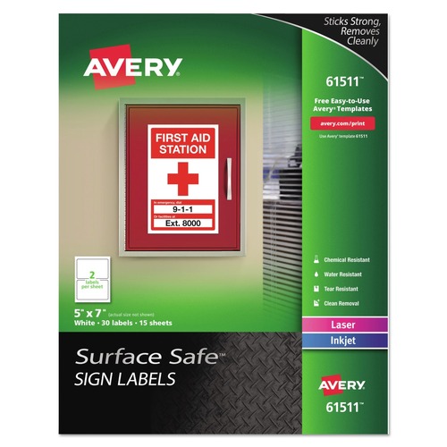 Labels | Avery 61511 Surface Safe 5 in. x 7 in. Inkjet/Laser Printers Removable Label Safety Signs - White (30/Pack) image number 0