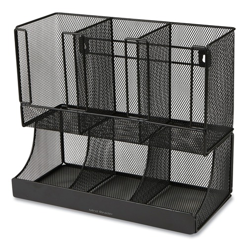 Breakroom Supplies | Mind Reader UPMESH-BLK 5 in. x 13 in. x 11.5 in. 2-Tier 6-Compartment Network Collection Coffee Cup and Condiment Countertop Organizer - Black image number 0