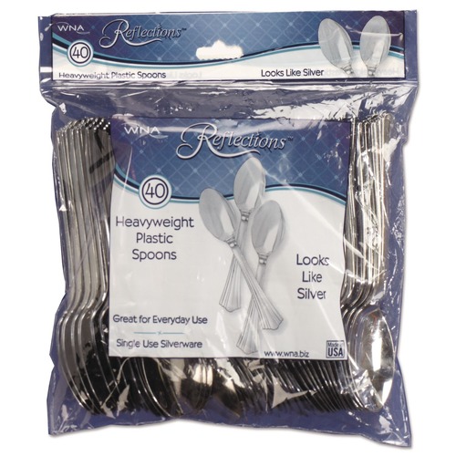 Cutlery | WNA WNA REF320SP 6.25 in. Reflections Heavyweight Plastic Utensils Spoon - Silver (320/Carton) image number 0