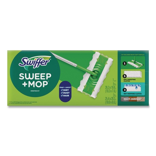 Mops | Swiffer 80810204 Sweep and Mop 12.4 in. x 2.95 in. 2-in-1 Dry/Wet Floor Mopping and Sweeping Kit - Silver Plastic Handle (6/Carton) image number 0
