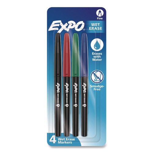 Washable Markers | EXPO 2211318 Wet Erase Markers Fine Bullet Tip Assorted Colors 4/Pack image number 0