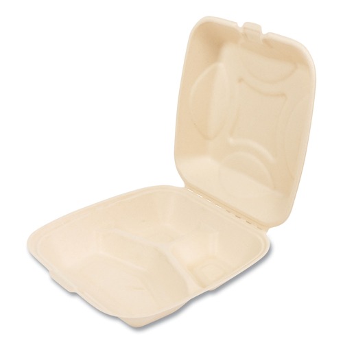 Food Trays, Containers, and Lids | Boardwalk BWKHNGE3C9NPFA 9 in. x 3.19 in. x 9 in. Bagasse PFAS-Free 3-Compartment Food Containers - Tan (200/Carton) image number 0