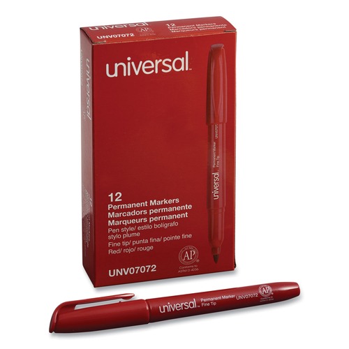 Permanent Markers | Universal UNV07072 Fine Bullet Tip Pen-Style Permanent Marker - Red (1 Dozen) image number 0