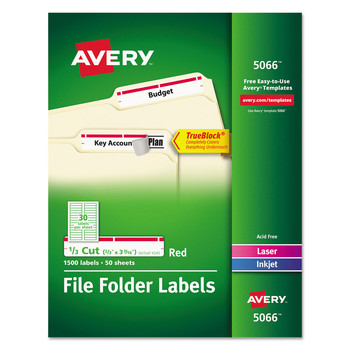 Avery 05066 0.66 in. x 3.44 in. Permanent TrueBlock File Folder Labels with Sure Feed Technology - White (30/Sheet, 50 Sheets/Box)