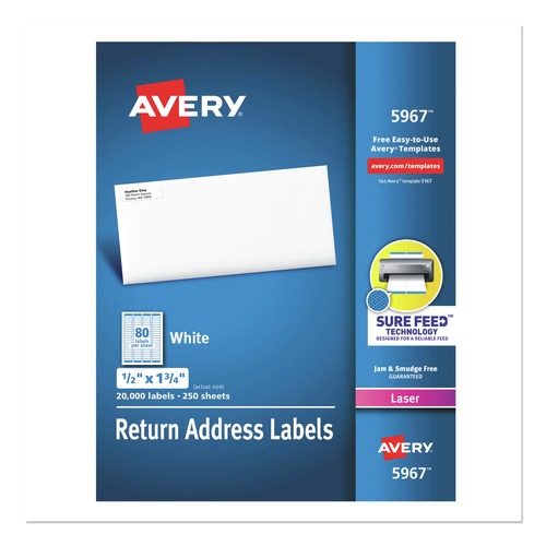 Labels | Avery 05967 0.5 in. x 1.75 in. Address Labels with Sure Feed Technology for Laser Printers - White (20000/Box) image number 0