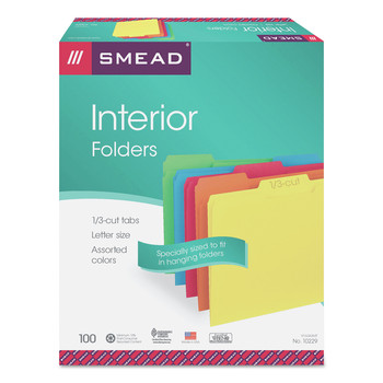 Smead 10229 Interior File Folders with 1/3-Cut Tabs - Letter, Assorted (100/Box)
