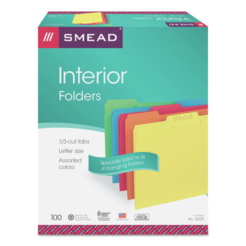 Smead 10229 Interior File Folders with 1/3-Cut Tabs - Letter, Assorted (100/Box)