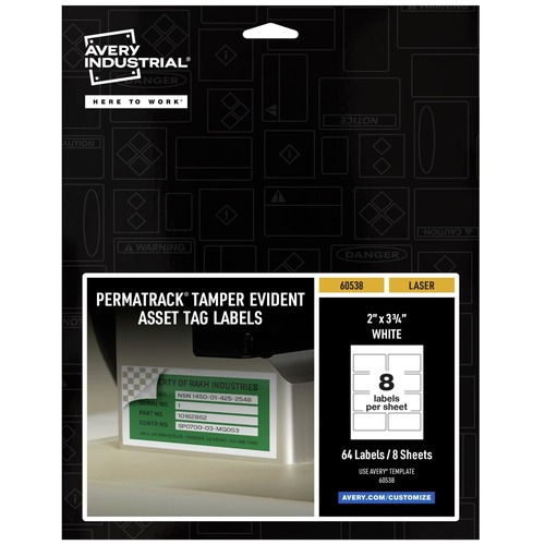 Labels | Avery 60538 PermaTrack 2 in. x 3.75 in. Laser Printers Tamper-Evident Asset Tag Labels - White (64/Pack) image number 0