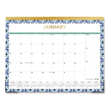 Blue Sky 133694 22 in. x 17 in. 12-Month (Jan to Dec): 2026 Tile Monthly Desk Pad Calendar - Geometric Artwork, White/Blue/Green Sheets