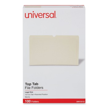 Universal UNV15112 1/2 Cut Tabs 11-Point Assorted Positions Top Tab File Folders - Legal Size, Manila (100/Box)