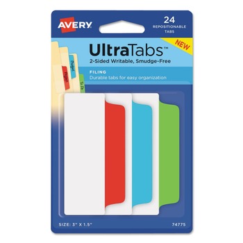 Avery 74775 Ultra Tabs 3 in. x 1.5 in. 1/3-Cut Repositionable Wide and Slim Tabs - Assorted (1-Set)