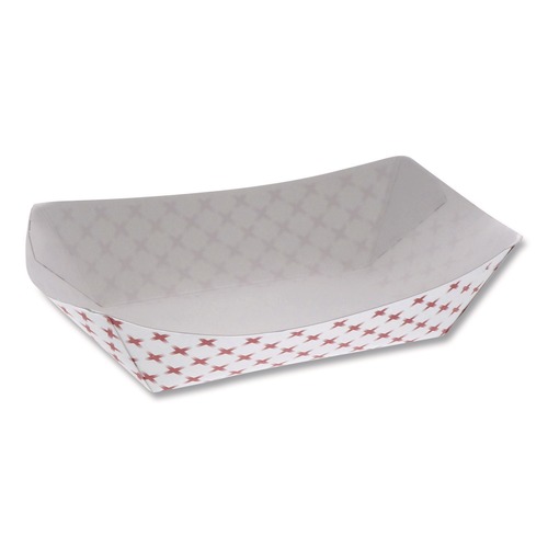 Food Trays, Containers, and Lids | Pactiv Corp. D3T 7.75 in. x 5.1 in. x 2.1 in. 3 lbs. Paperboard Food Tray - Red/White (500/Carton) image number 0