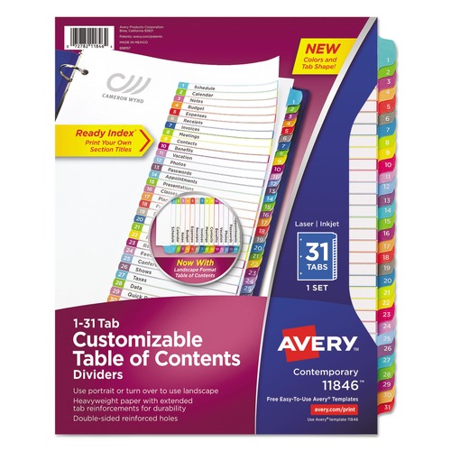 Back to School Sale | Avery 11846 Ready Index 11 in. x 8.5 in. 1-Tab 1 to 31 Customizable TOC Dividers - White/Multicolor Tabs (1-Set) image number 0