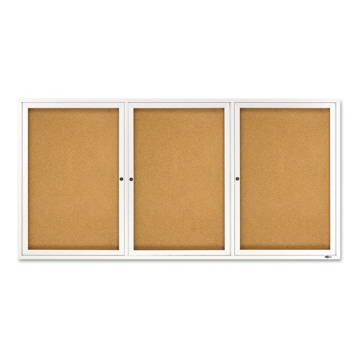Labor Day Sale | Quartet 2366 72 in. x 36 in. Enclosed Indoor Cork Bulletin Board with 3 Hinged Doors - Tan Surface, Silver Aluminum Frame image number 0