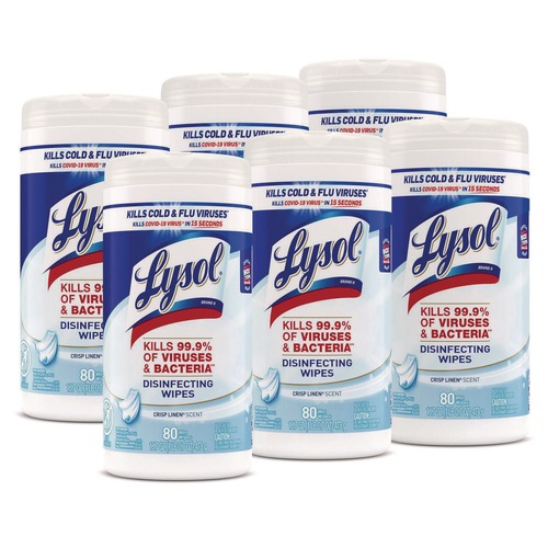 Hand Wipes | LYSOL Brand 19200-89346 7 in. x 7.25 in. 1-Ply Disinfecting Wipes - Crisp Linen/White (6/Carton) image number 0