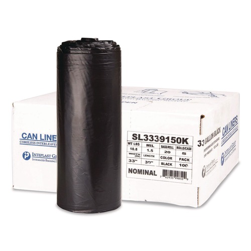 Trash Bags | Inteplast Group SL3339150K Low-Density Commercial Can Liners 33 gal 1.5 mil 33-in x 39-in Black Interleaved Roll 20 Bags/Roll 5 Rolls/Carton image number 0