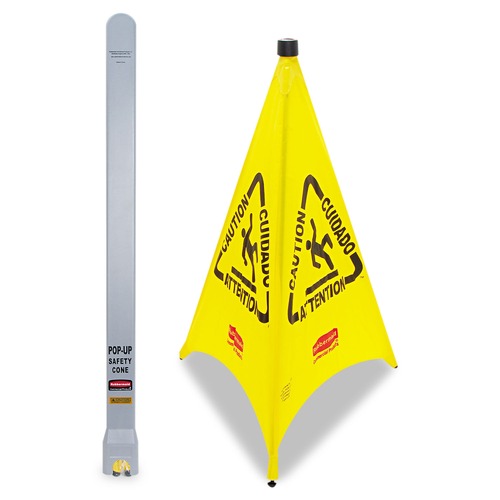 Just Launched | Rubbermaid Commercial FG9S0100YEL 3-Sided Fabric 21 in. x 21 in. x 30 in. Multilingual Pop-Up Wer Floor Safety Cone - Yellow image number 0