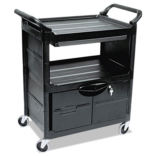 Just Launched | Rubbermaid Commercial FG345700BLA 33-5/8 in. x 18-5/8 in. x 37 in. 3 Two-Shelf Utility Cart with Locking Doors - Black image number 0