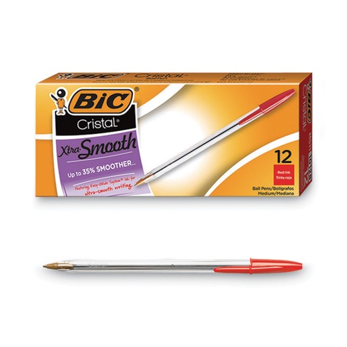 Pens | BIC MS11 RED Cristal Xtra Smooth Medium 1 millimeter Stick Ballpoint Pen - Red Ink/Clear Barrel (1-Dozen) image number 0