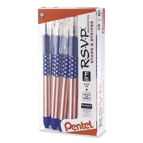 Pens | Pentel BK90USA-A 0.7 mm Fine R.S.V.P. Stars and Stripes Stick Ballpoint Pen - Black Ink, Red/White/Blue Barrel (1-Dozen) image number 0