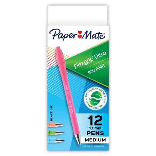 Pens | Paper Mate 2204001 1 mm Medium FlexGrip Ultra Recycled Retractable Ballpoint Pen - Black Ink, Assorted Barrels (1-Dozen) image number 0