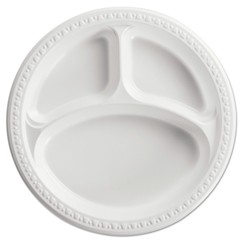 Bowls and Plates | Chinet 81230 10.25 in. Diameter Heavyweight 3-Compartment Plastic Plates - White (500/Carton) image number 0