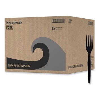 Boardwalk BWKFORKHWPSBIW Heavyweight Wrapped Polystyrene Plastic Fork Cutlery - Black (1000/Carton)